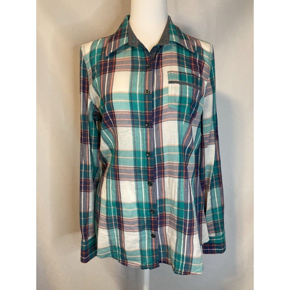 Cabincore Womens M Green Plaid Button Down Shirt 100% Cotton Gorpcore Flip Cuff